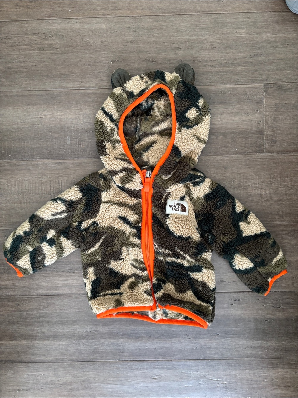 The North Face Infant Camo Sherpa Hoodie Jacket - Olive, Tan & Orange Trim